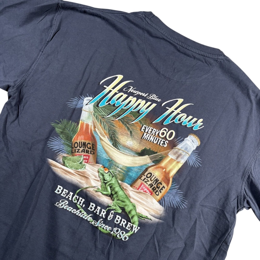 Vacation Happy Hour Lounge Lizard Graphic T-Shirt Navy Sz M Newport‎ Blue Mens